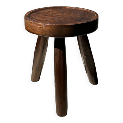 Tabouret tripode en teck upcyclé bas creux - Petit tabouret en bois massif brun assise circulaire cr