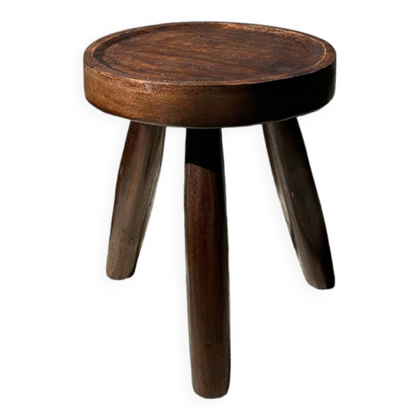 Tabouret tripode en teck upcyclé bas creux - Petit tabouret en bois massif brun assise circulaire cr
