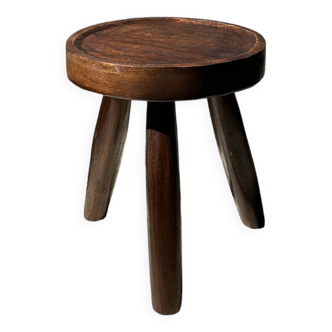 Tabouret tripode en teck upcyclé bas creux - Petit tabouret en bois massif brun assise circulaire cr