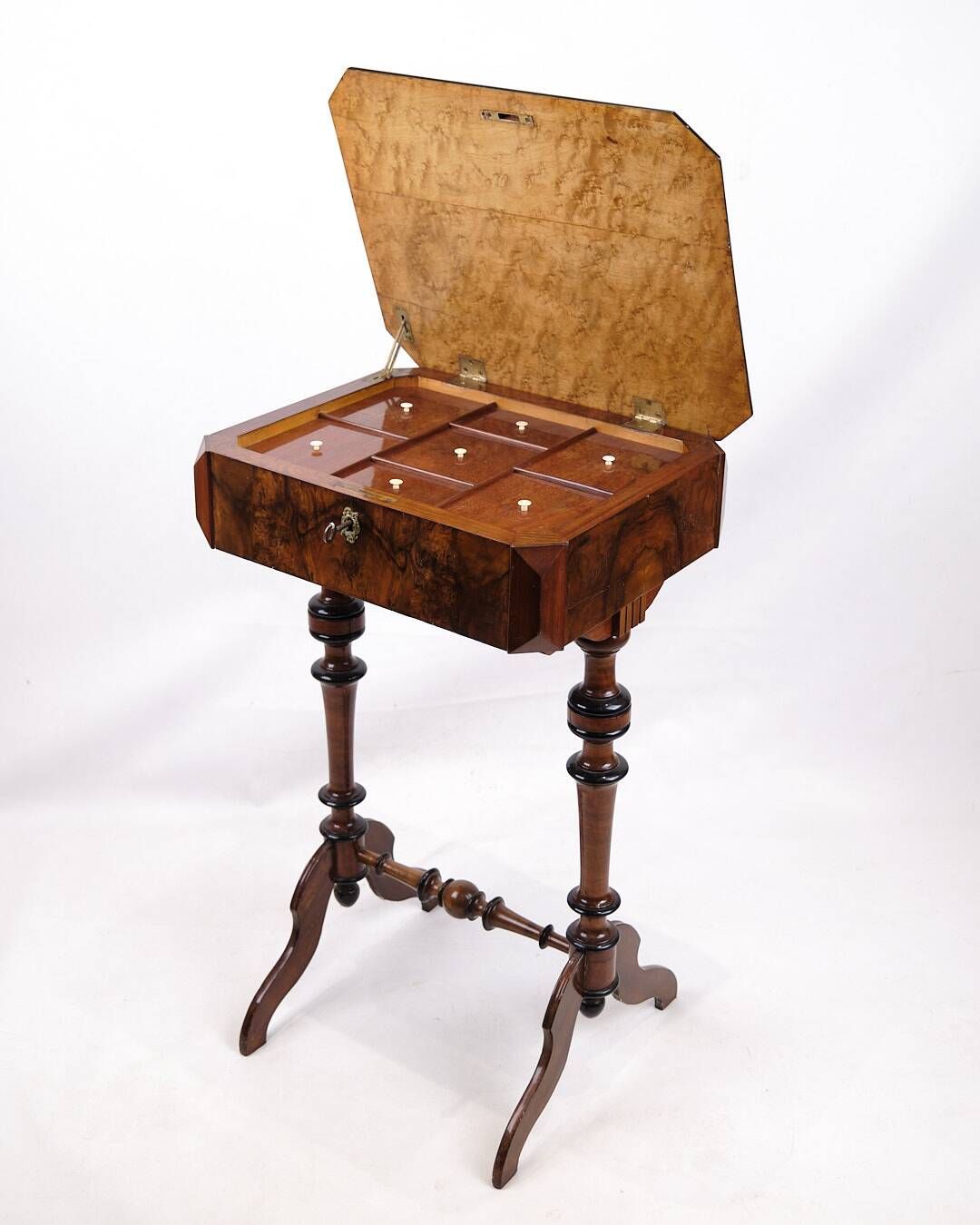 Antique sewing/side table with built-in storage - hand polished mahogany - turned legs - year 1890s