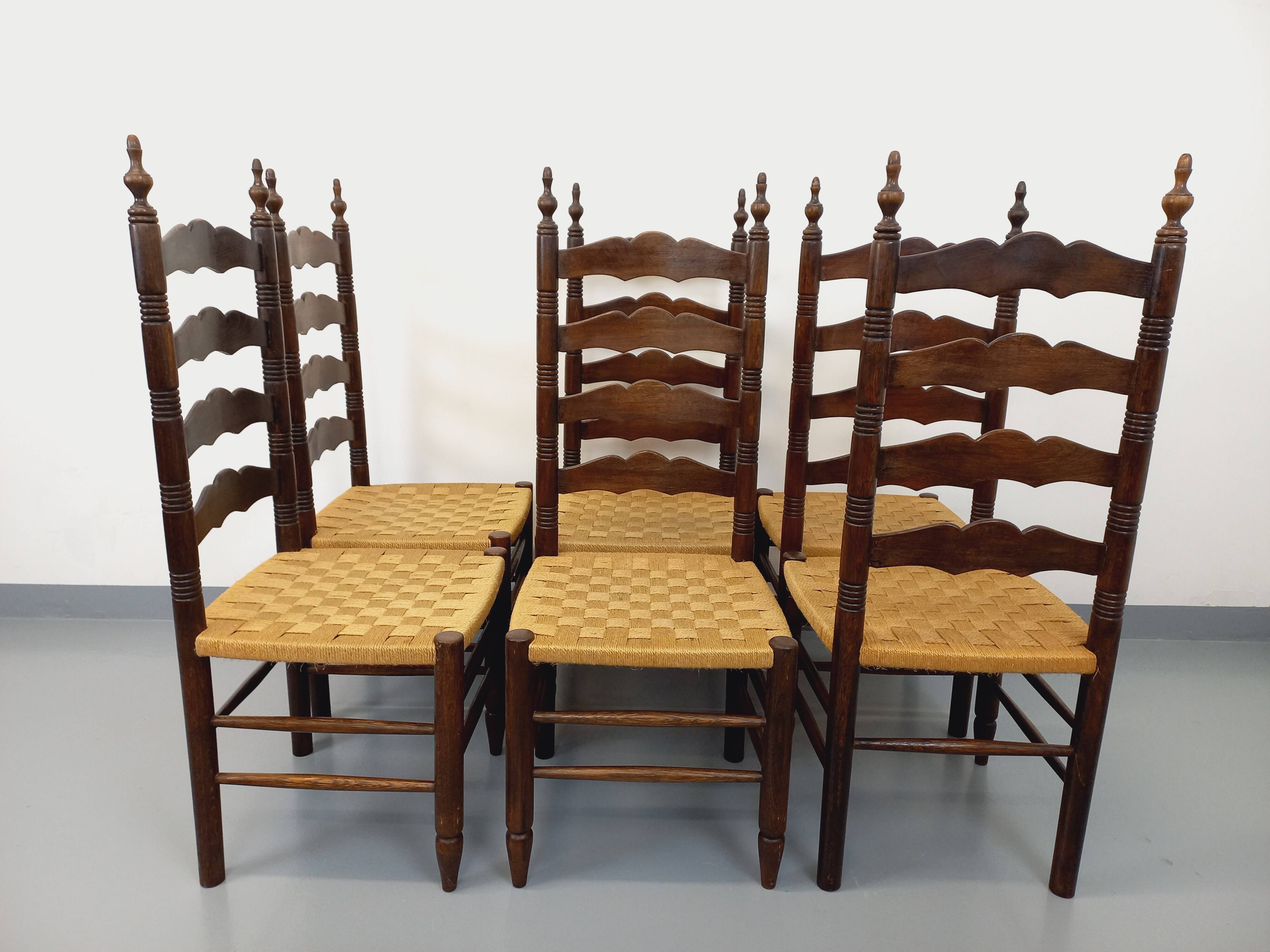 Set of 6 vintage Arts & Crafts chairs in Antonio Calligaris style in rope oak wood from the 50s