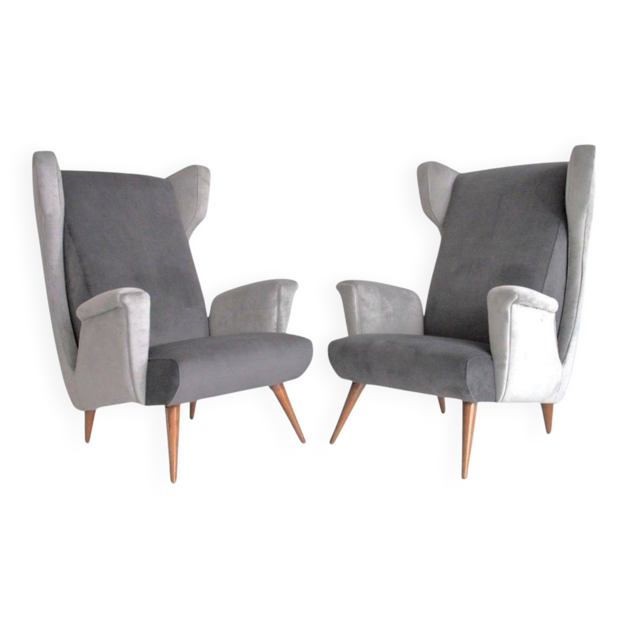 Pair of grey velvet armchairs in the style of Gio Ponti.