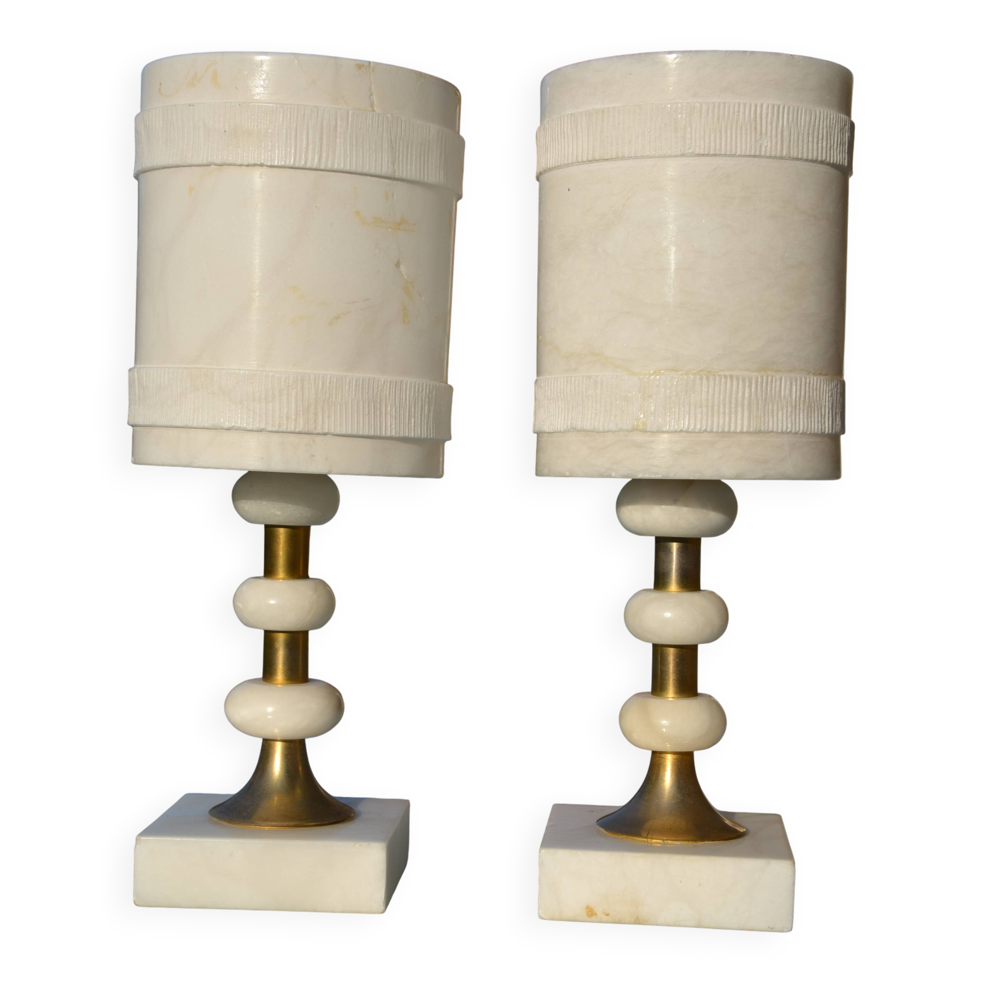 2 white alabaster and brass bedside lamps from the 60s