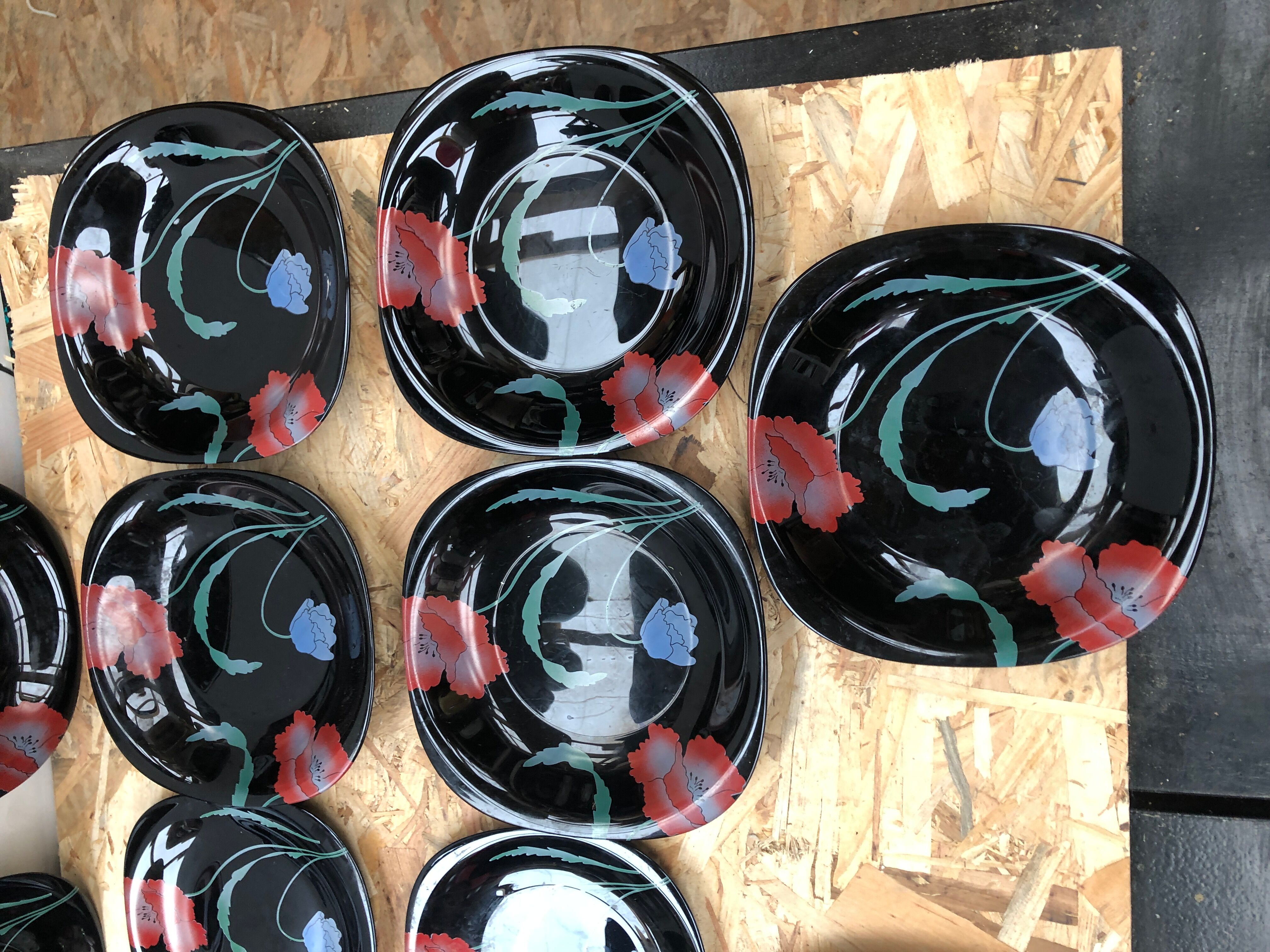 Series 12 old black opaline plates with vintage art deco flower decor