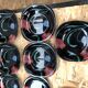 Series 12 old black opaline plates with vintage art deco flower decor