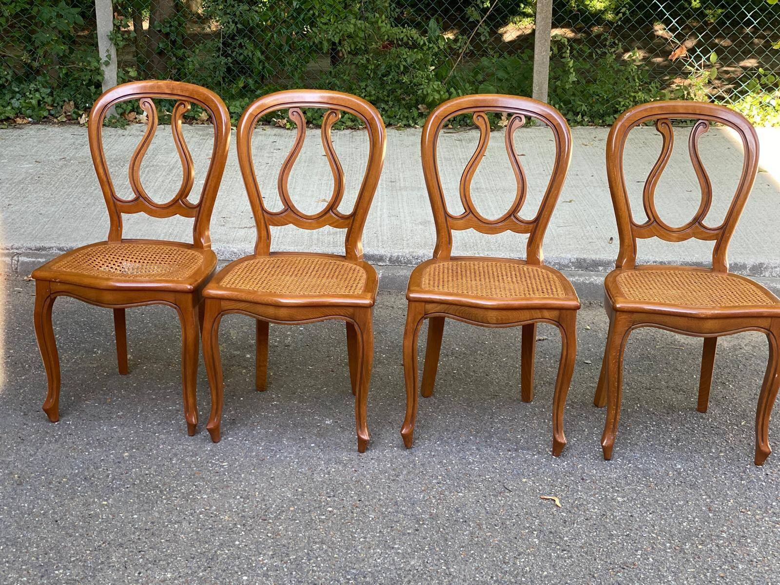 4 Louis Philippe curved wood caned dining chairs