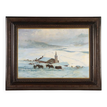 Peinture ancienne Leonardo Roda paysage d’hiver XIXe siècle