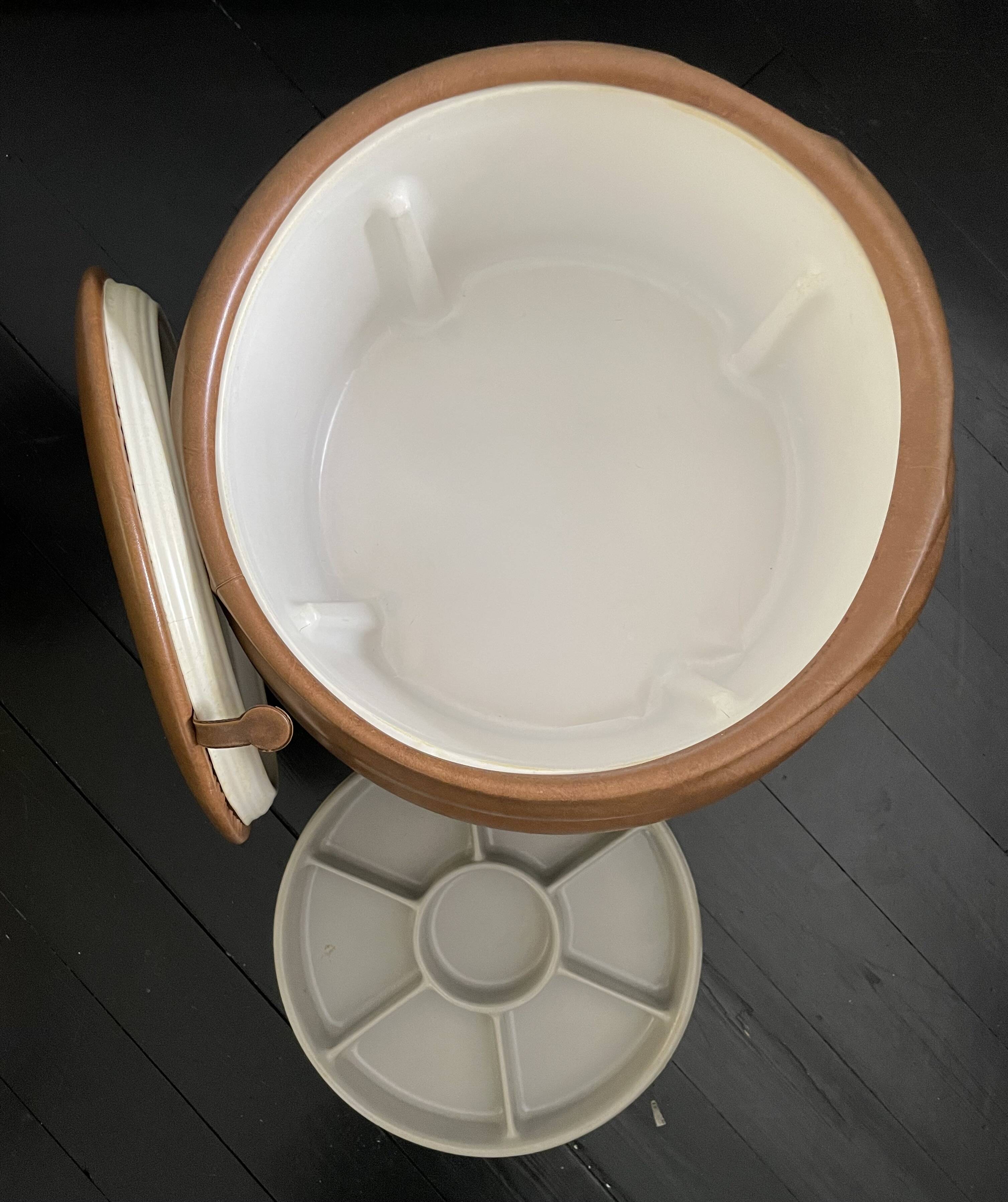 Light brown leather pouf with storage