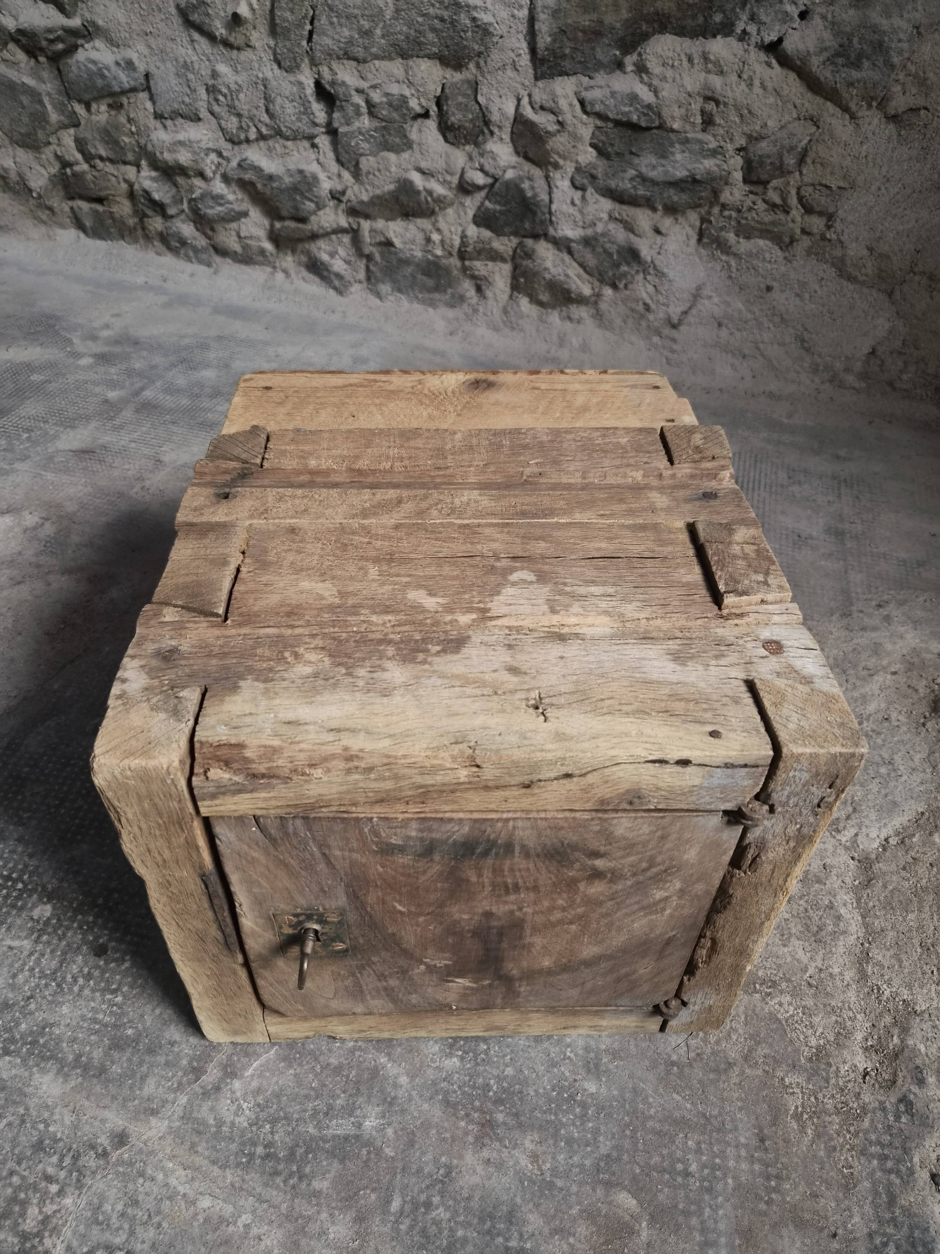 French antique oak safe, lockable rustic chest, circa 1750–1850.