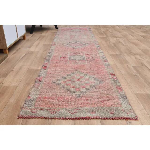 Pink Turkish Vintage Handmade Woven Wool Oushak Runner Rug 78x330
