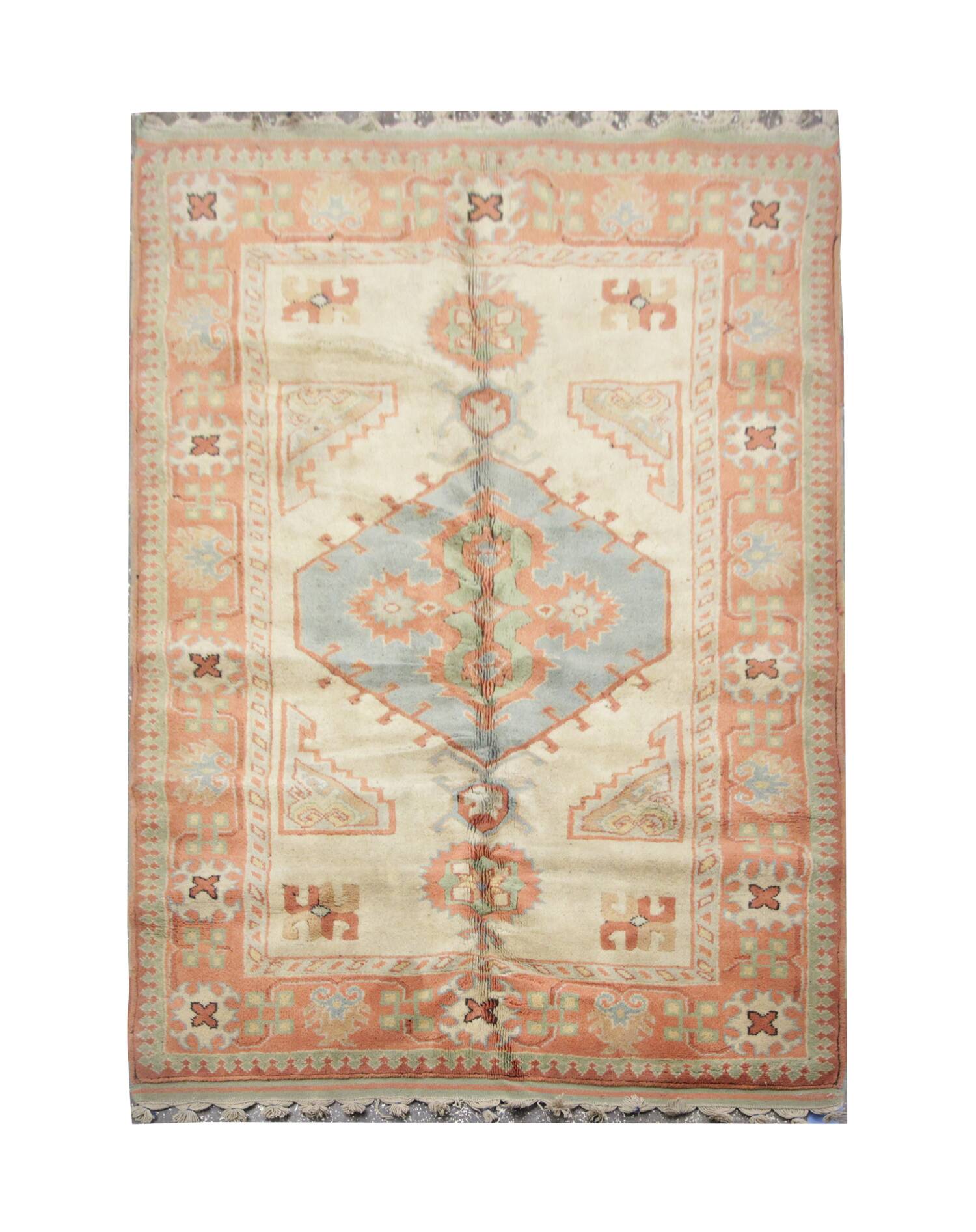 Handmade Rustic Vintage Turkish Rug, Beige & Blue Geometric Rug 220x145 cm