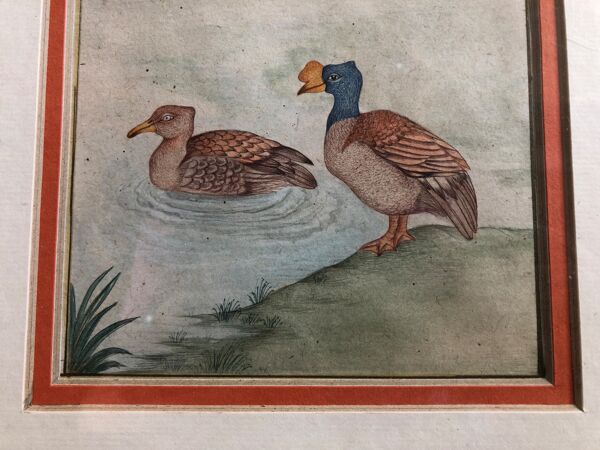Ancien tableau dessin aquarelle vue canards + cadre doré vintage