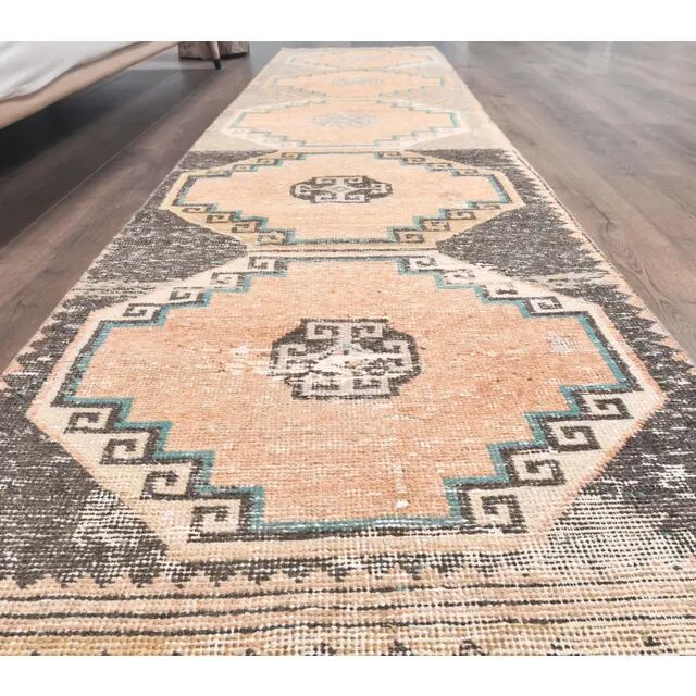 Vintage orange Turkish hand-knotted runner 81x356