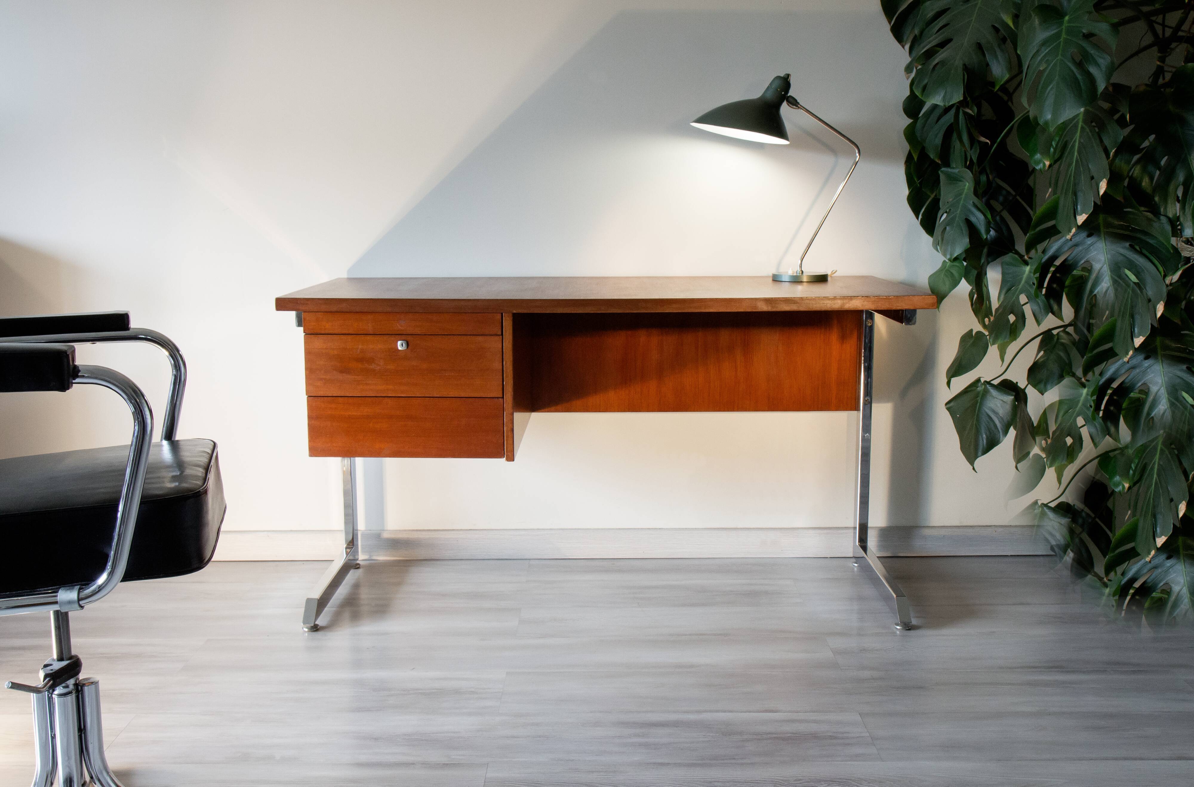 Ordo desk, teak, 1970, chrome cantilever footing