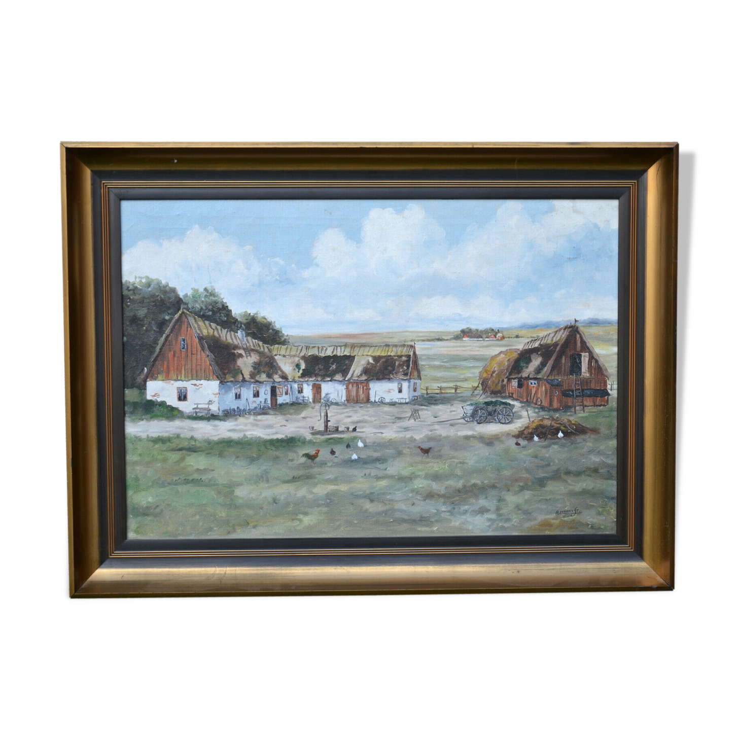 Mid 20th Century Landscape Oil Painting On Canvas, Farm Motif Signed R.Lundkvist