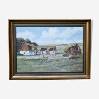 Peinture à l’huile de paysage du milieu du 20ème siècle sur toile motif de ferme signé R.Lundkvist