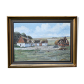 Mid 20th Century Landscape Oil Painting On Canvas, Farm Motif Signed R.Lundkvist