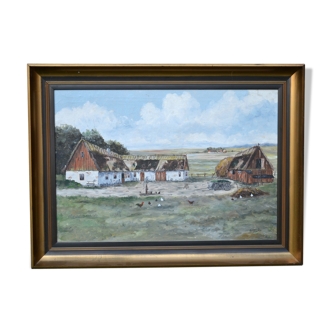 Peinture à l’huile de paysage du milieu du 20ème siècle sur toile motif de ferme signé R.Lundkvist