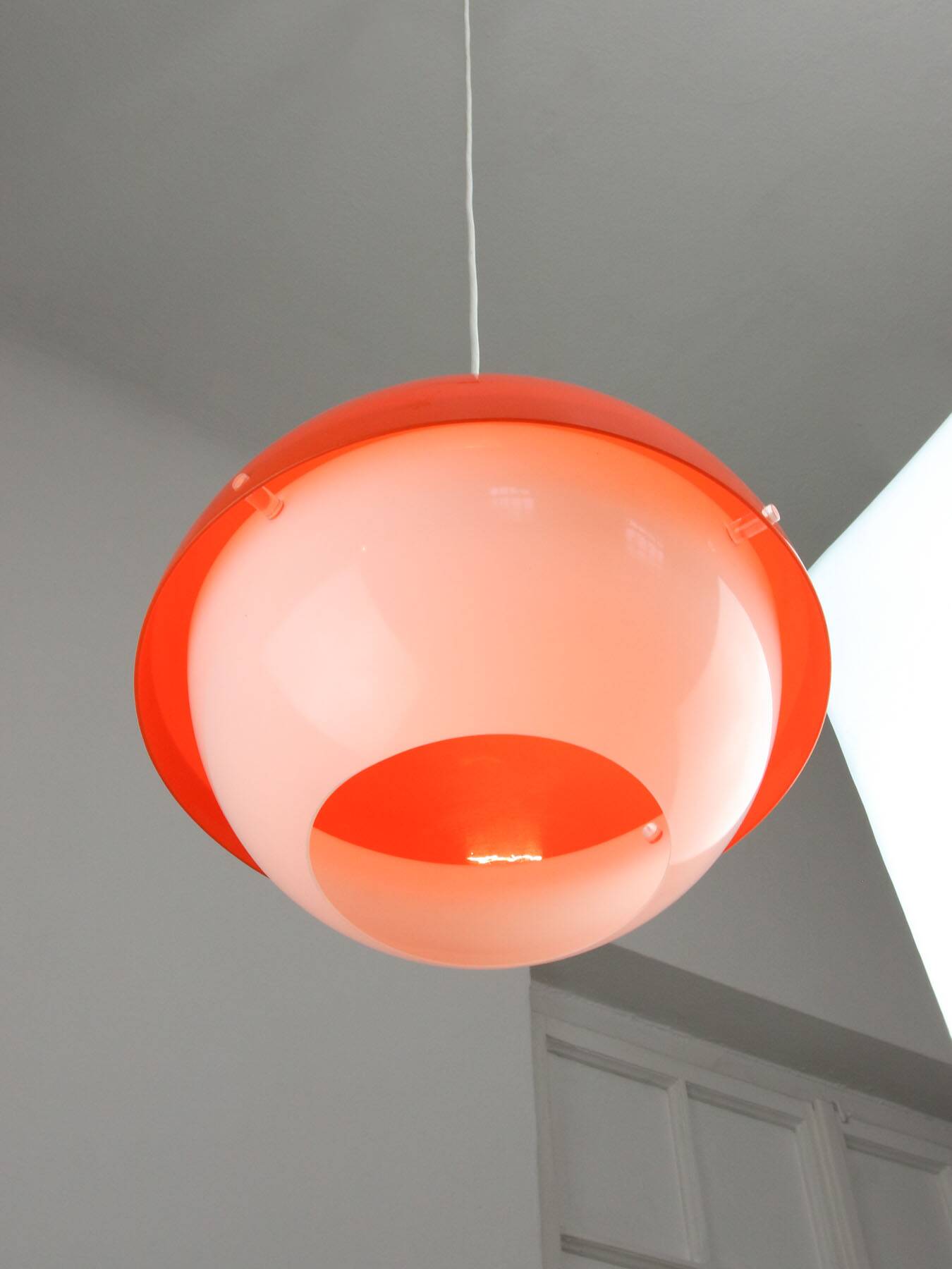 Italian Space Age Orange Plexiglass and Brass Pendant Lamp, 1970s
