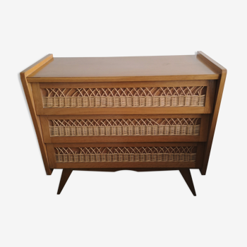 Commode vintage bois et rotin années 1950