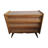 Commode vintage bois et rotin années 1950