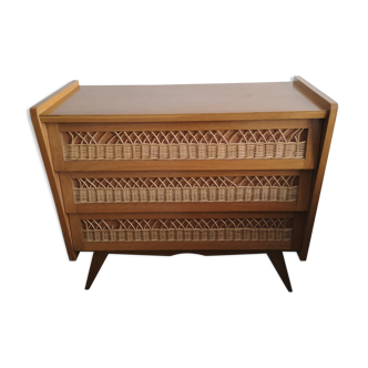Commode vintage bois et rotin années 1950