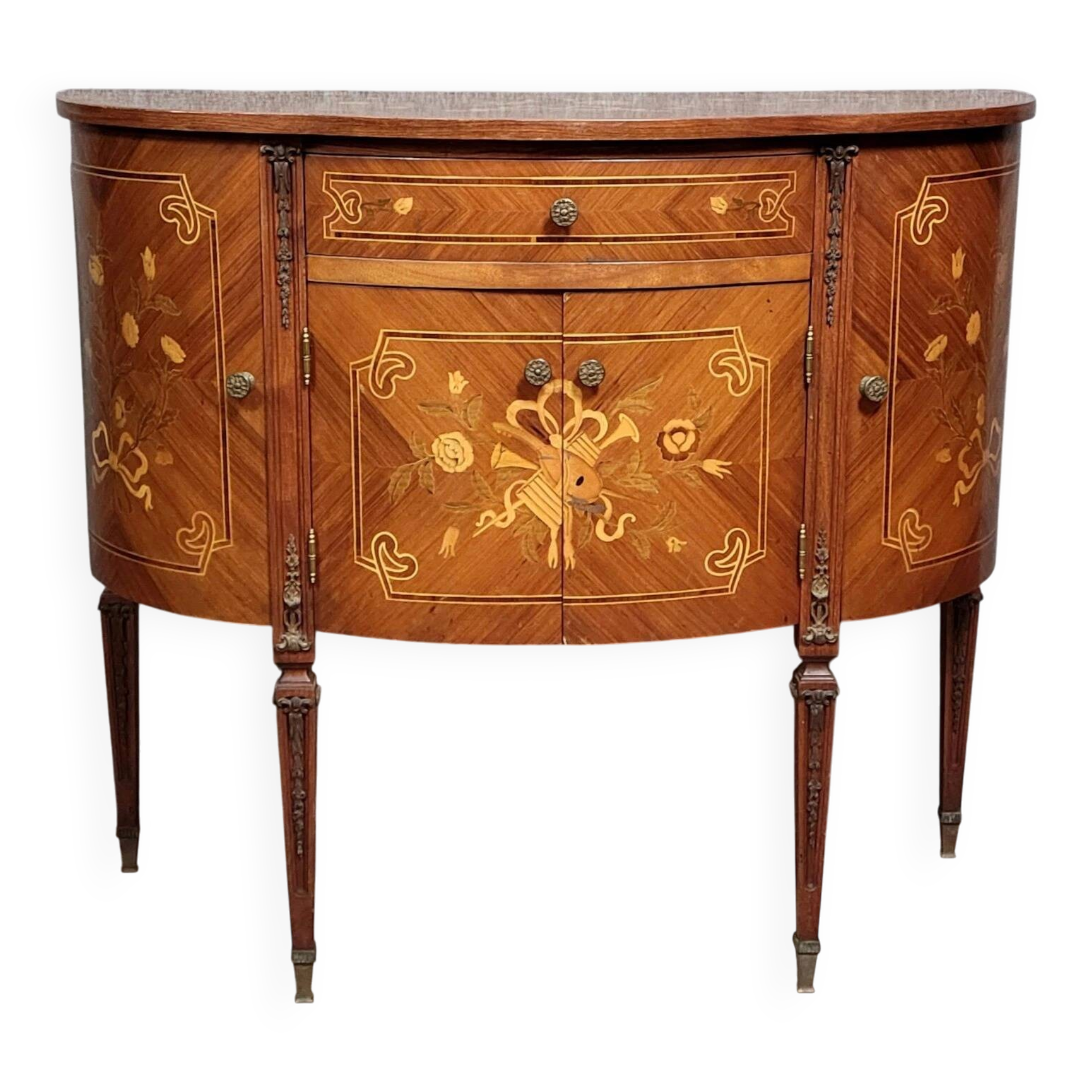 Venetian half-moon commode with Louis XVI style doors in marquetry.