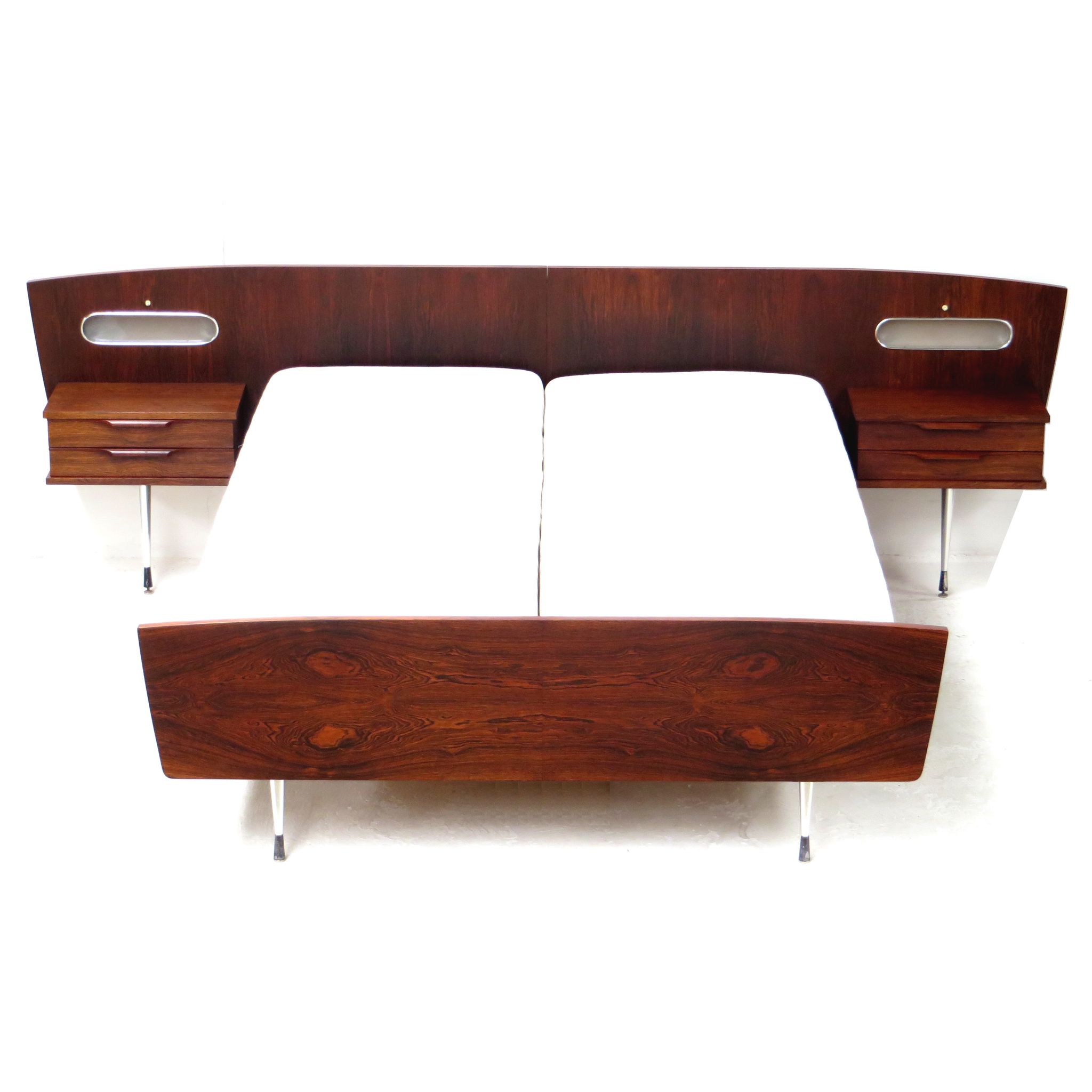 Mid century modern double bed with nightstands made of high quality rio rosewood, 1960s