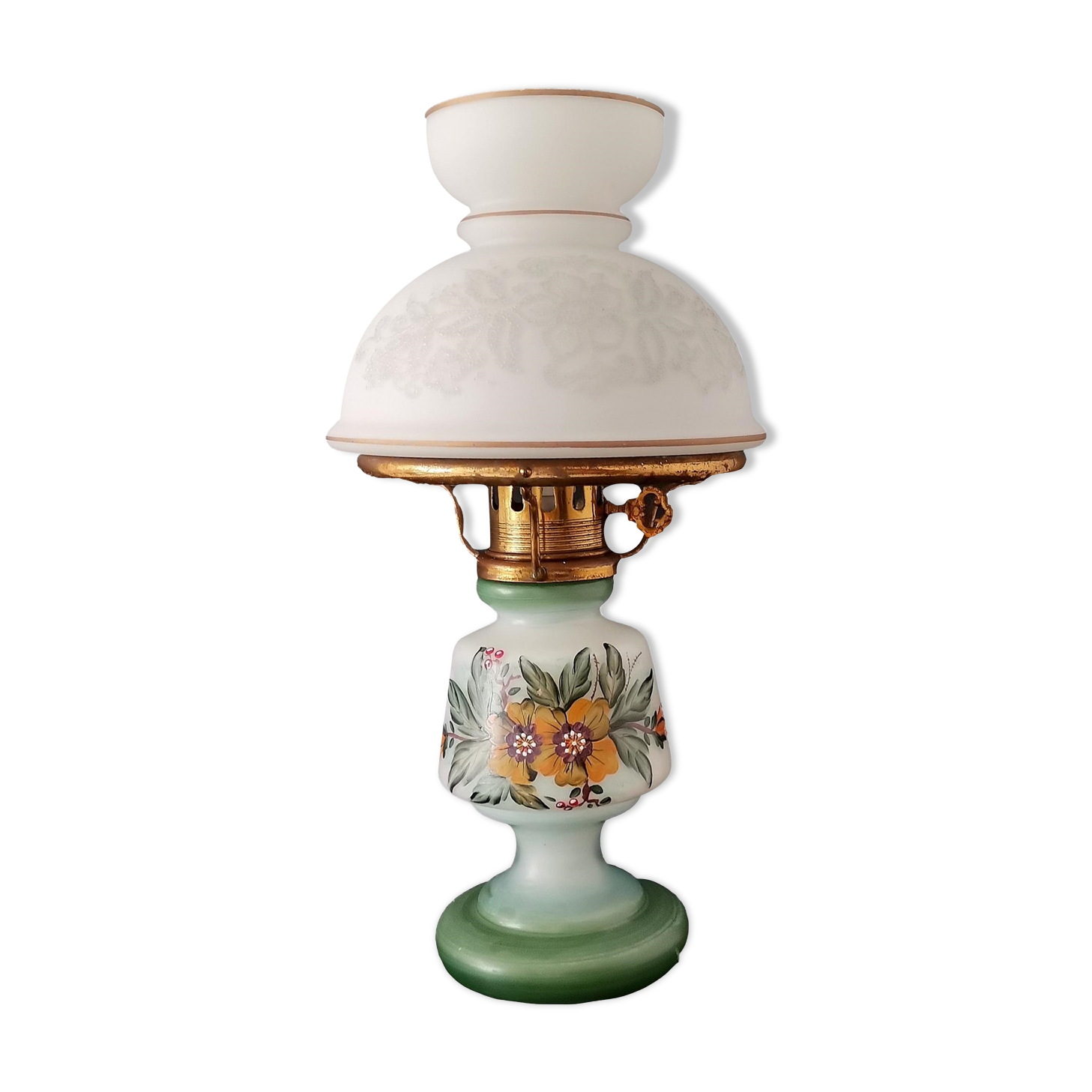 French country 1960s rustic green ceramic and glass vintage table lamp