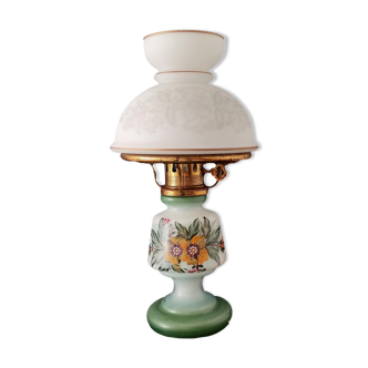 French country 1960s rustic green ceramic and glass vintage table lamp