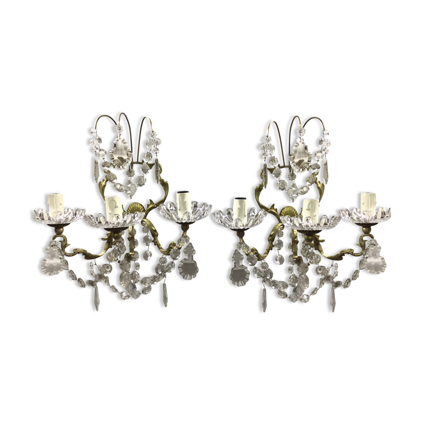 Pair of 3-light bronze and crystal wall lights