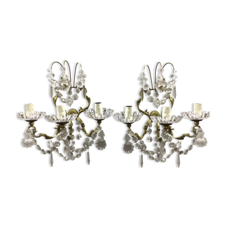 Pair of sconces to 3 lights in bronze and crystal