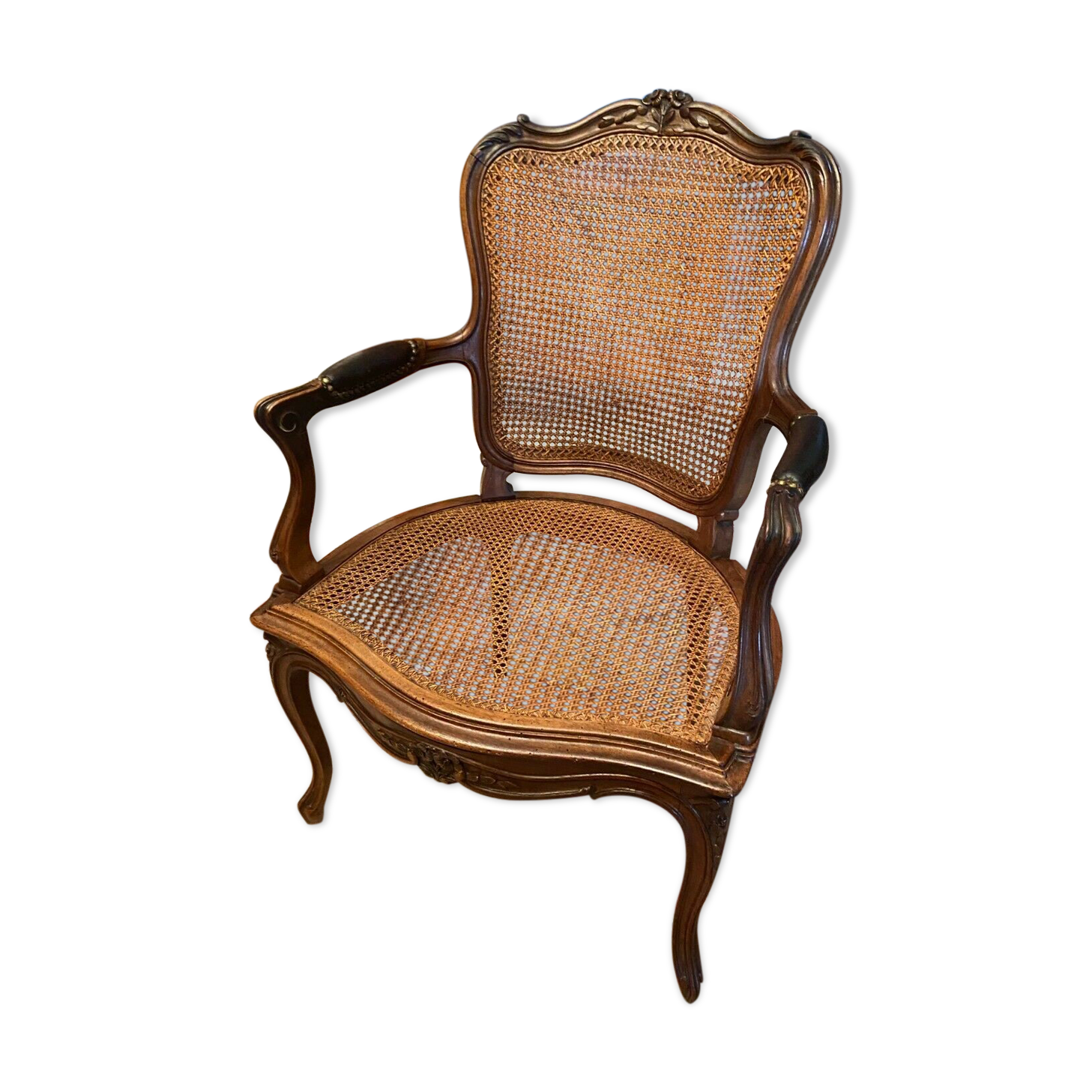 Solid walnut office chair seat and backrest caned Louis XV style
