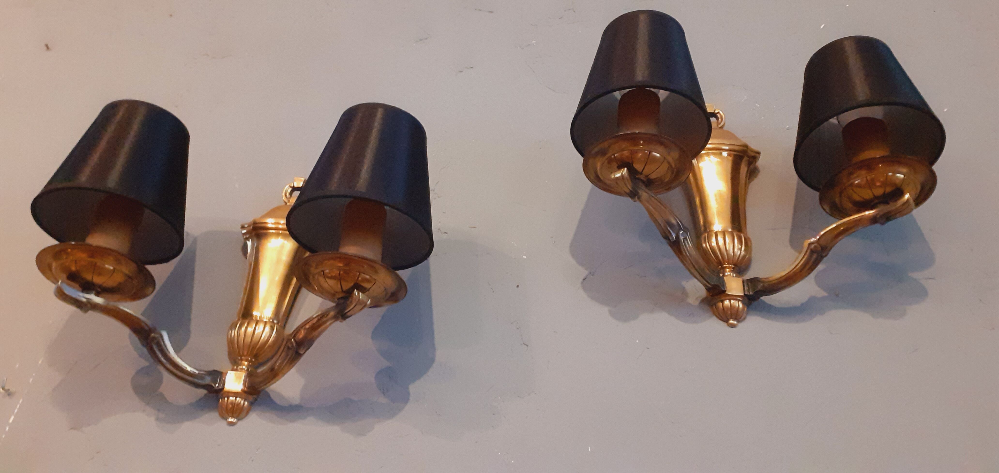 Pair of wall lamps double year 50 in bronze neo-classical style signed Petitot