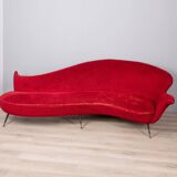 Large 1950s vintage curved sofa in red velvet italian design