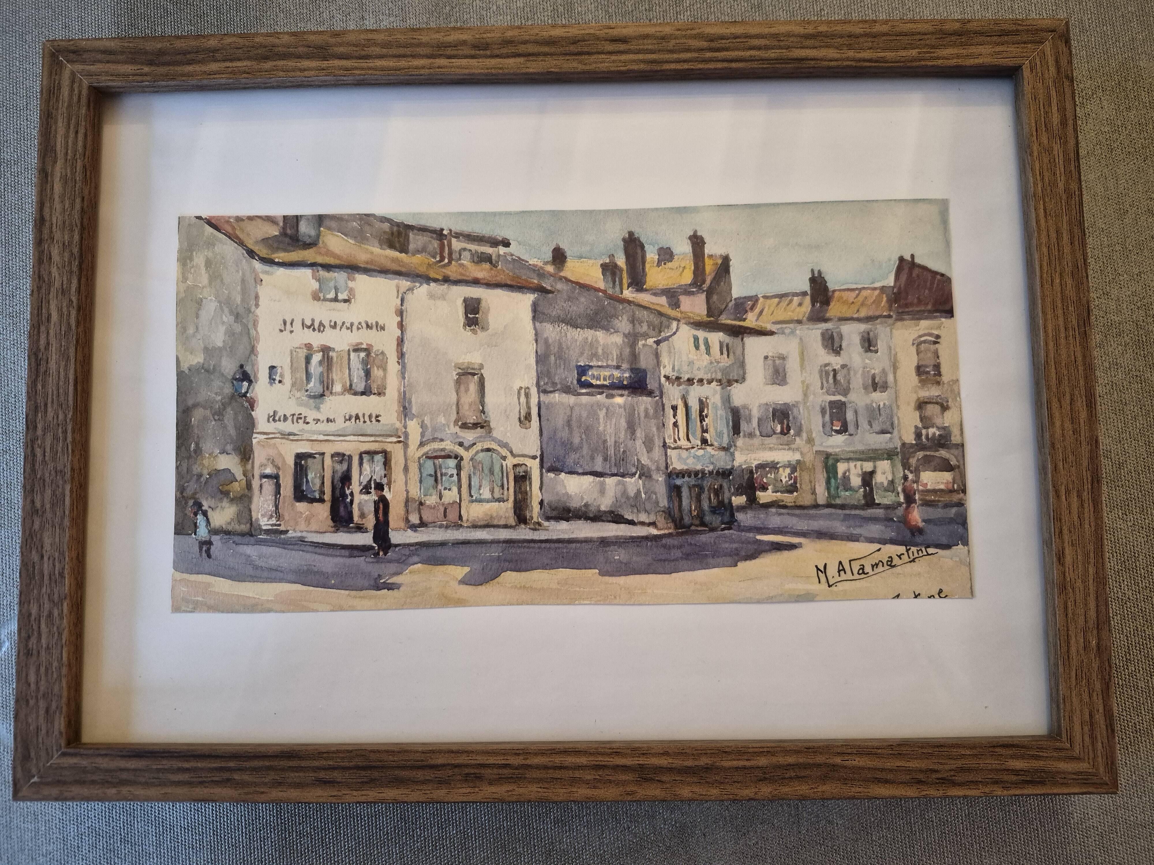 Old watercolour signed marius alamartine "hôtel de la halle" in charlieu