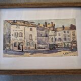 Old watercolour signed marius alamartine "hôtel de la halle" in charlieu