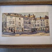 Old watercolour signed marius alamartine "hôtel de la halle" in charlieu