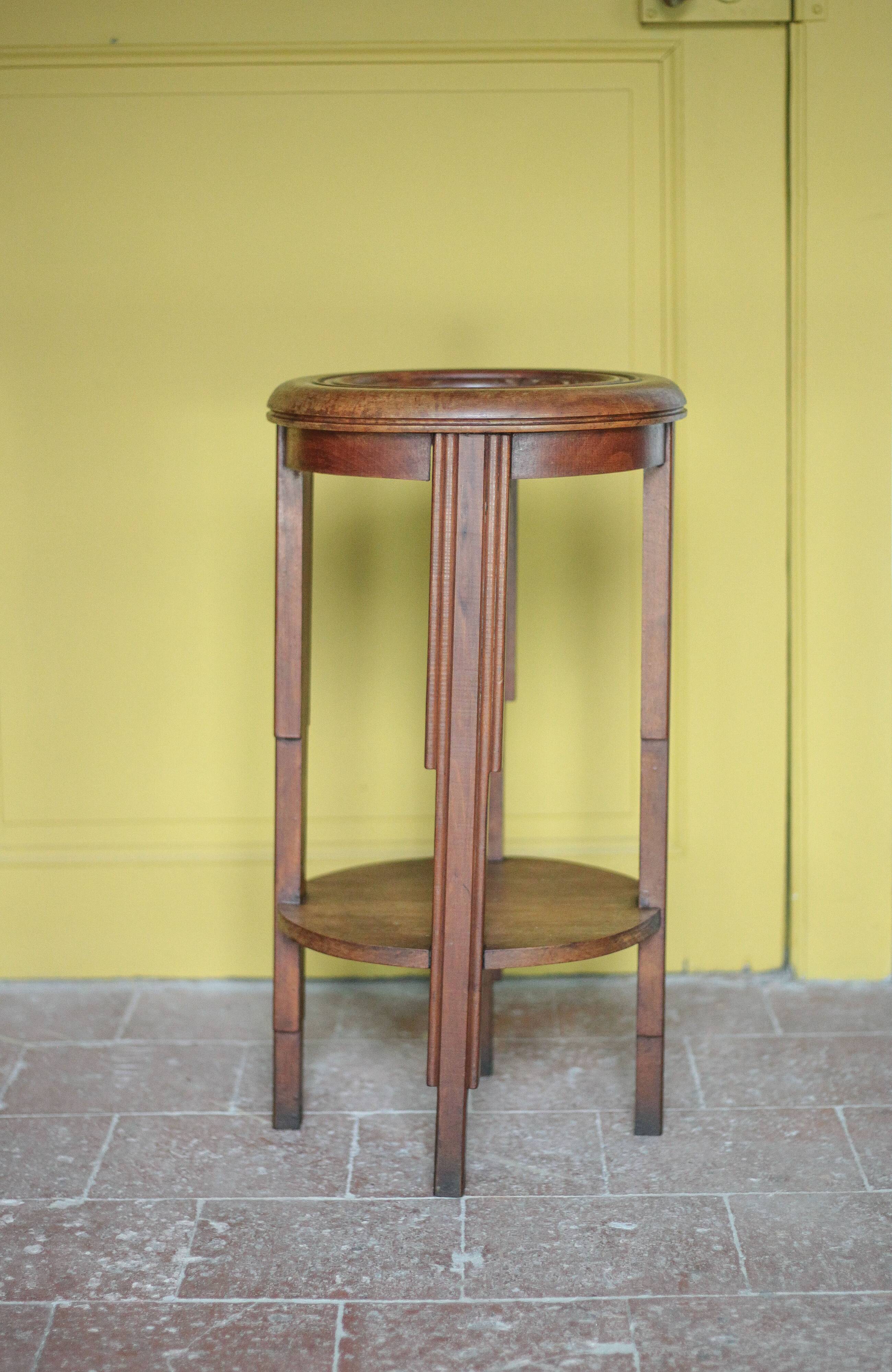 Vintage wooden side table, wooden and marble pedestal table, wooden pedestal, plant stand.