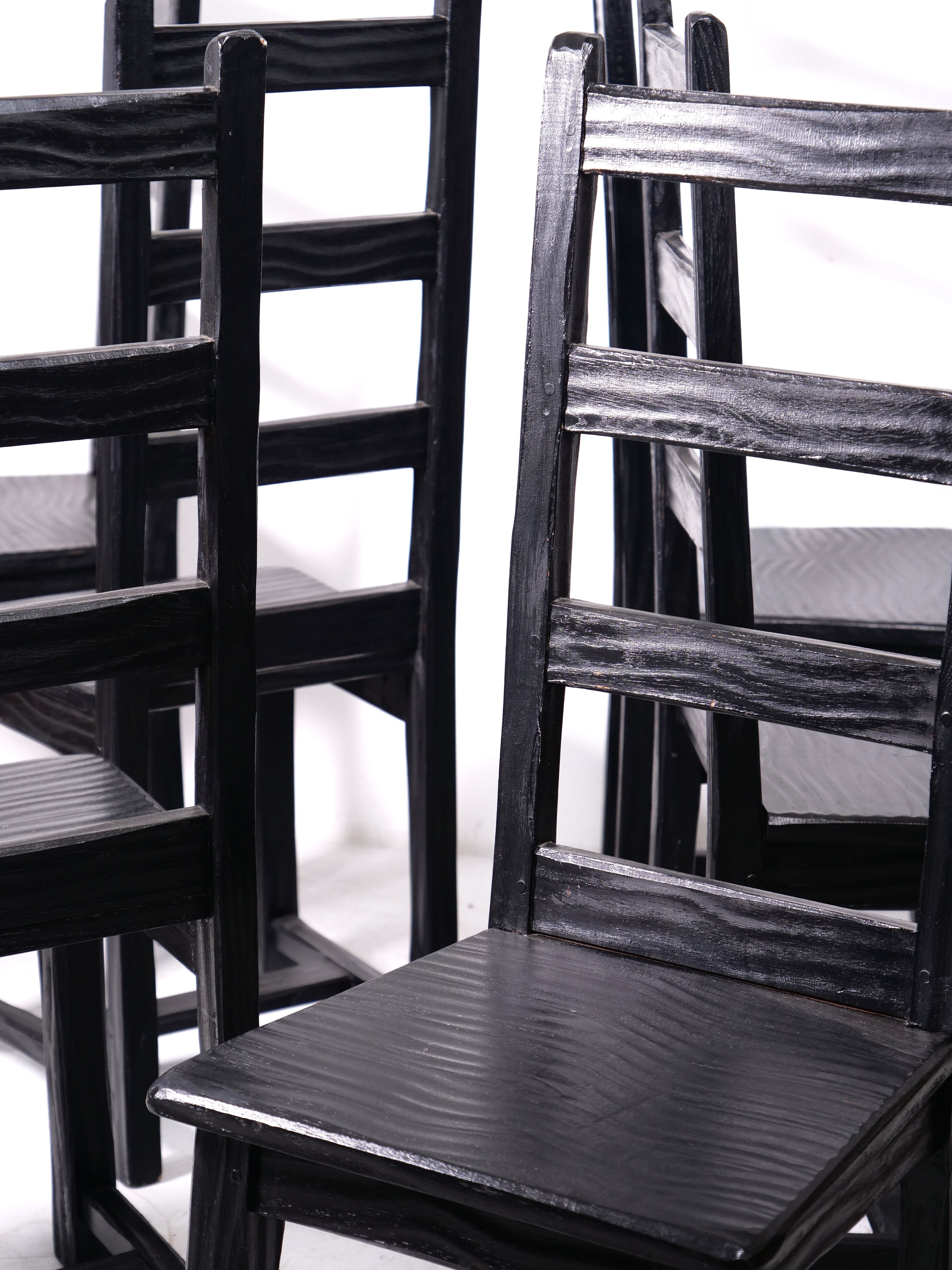 Set of 6 black brutalist chairs in solid oak