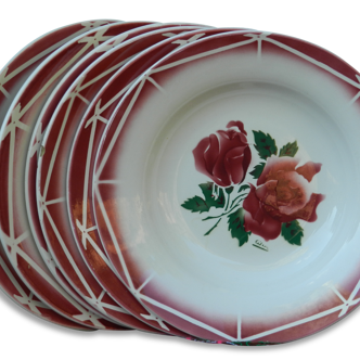 Digoin-sarreguemines modèle cibon ensemble de 6 assiettes à soupe décor roses rouges