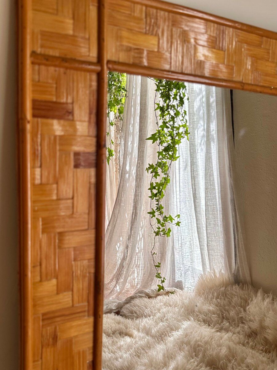 Italian mirror in woven rattan and sewn bamboo, 1970s