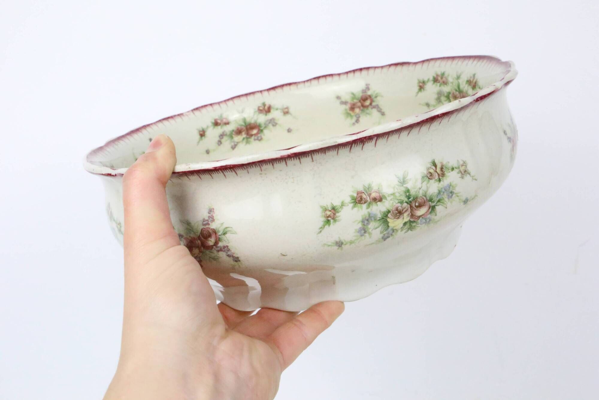 Earthenware salad bowl, Saint Amand & Hamage earthenware factory, Floreal pattern, French manufacturer