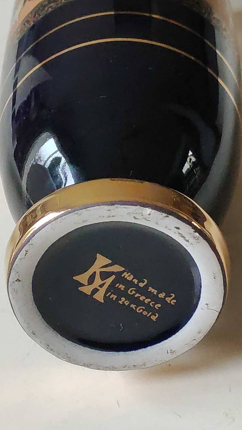 Greek Amphora Vase/Scenes of life Greek Mythology. Signed KA. Handmade in Greece, gilded with 24c fine gold. High 22.5 cm