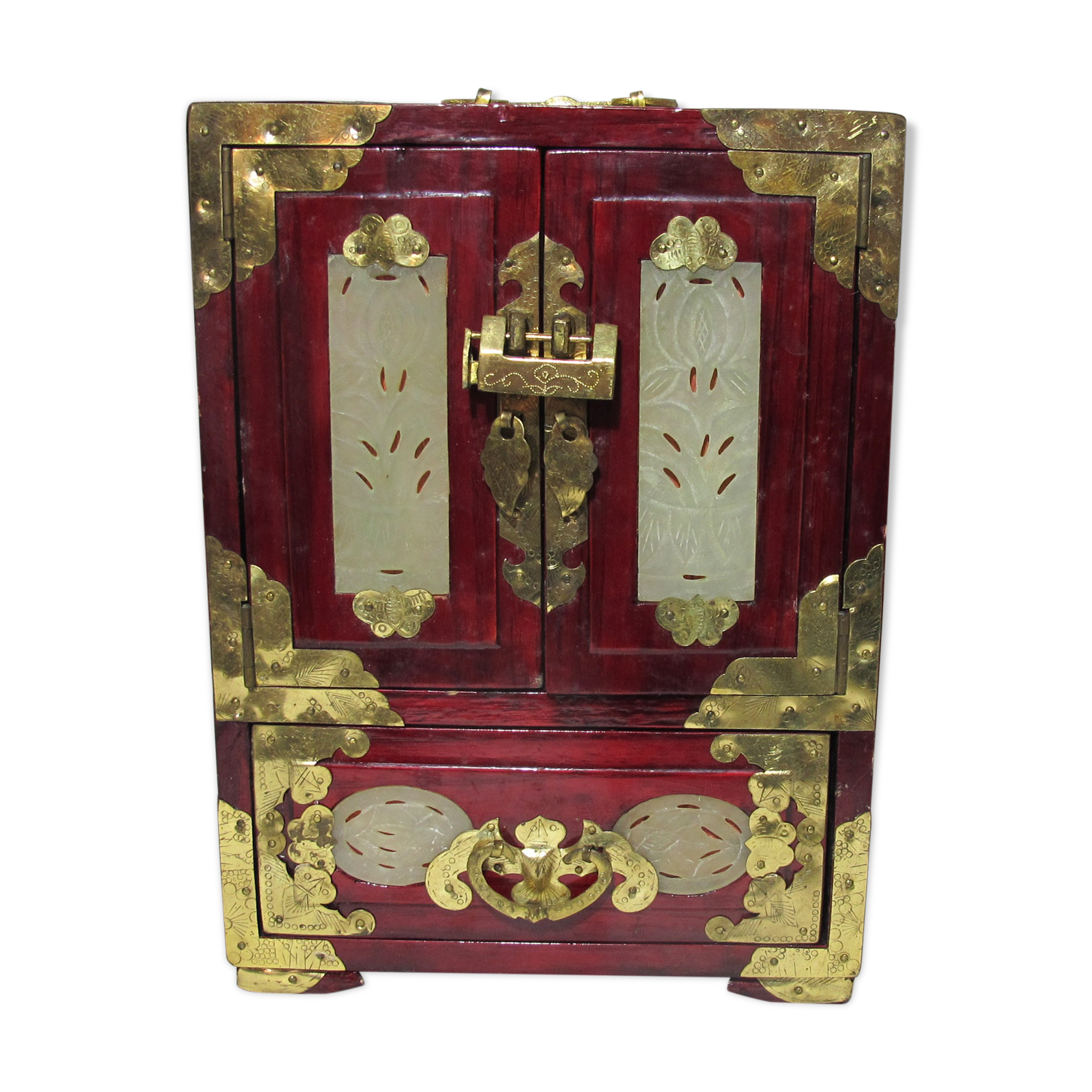 Wooden jewelry box adorned with Chinese jade plates