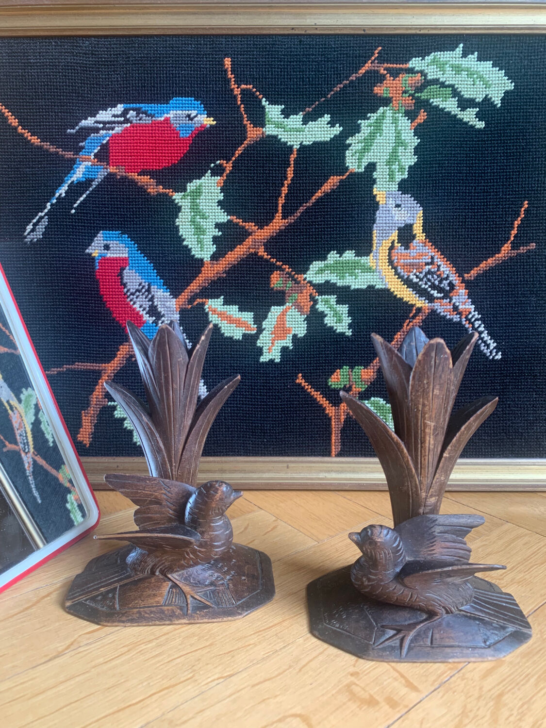 Carved wooden bird candlesticks - Black Forest