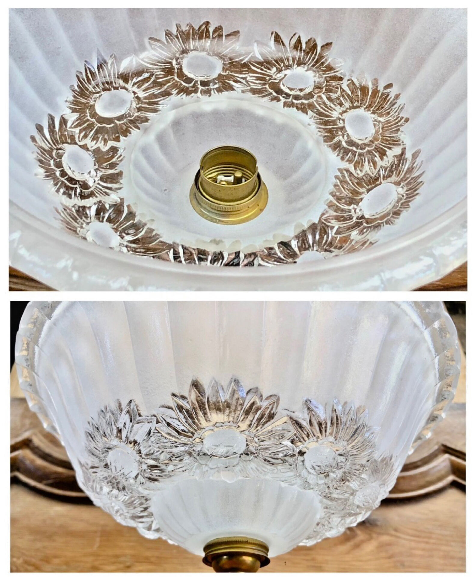 Art Deco wrought iron lamp with 3 rose glass daisies Ezan 1930