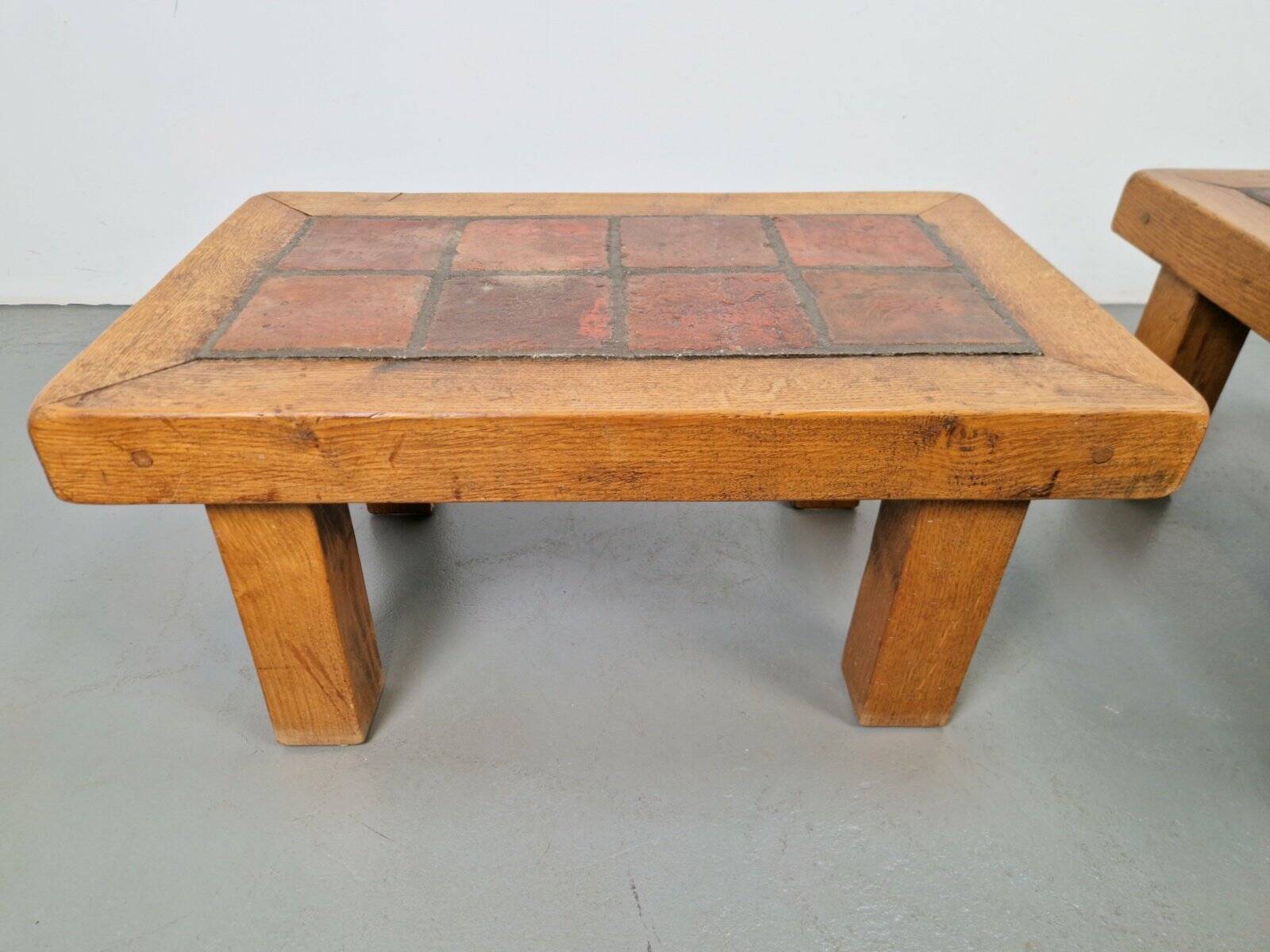 Brutalist Oak Side Table with Terracotta Tiles, 1950s, Set of 2
