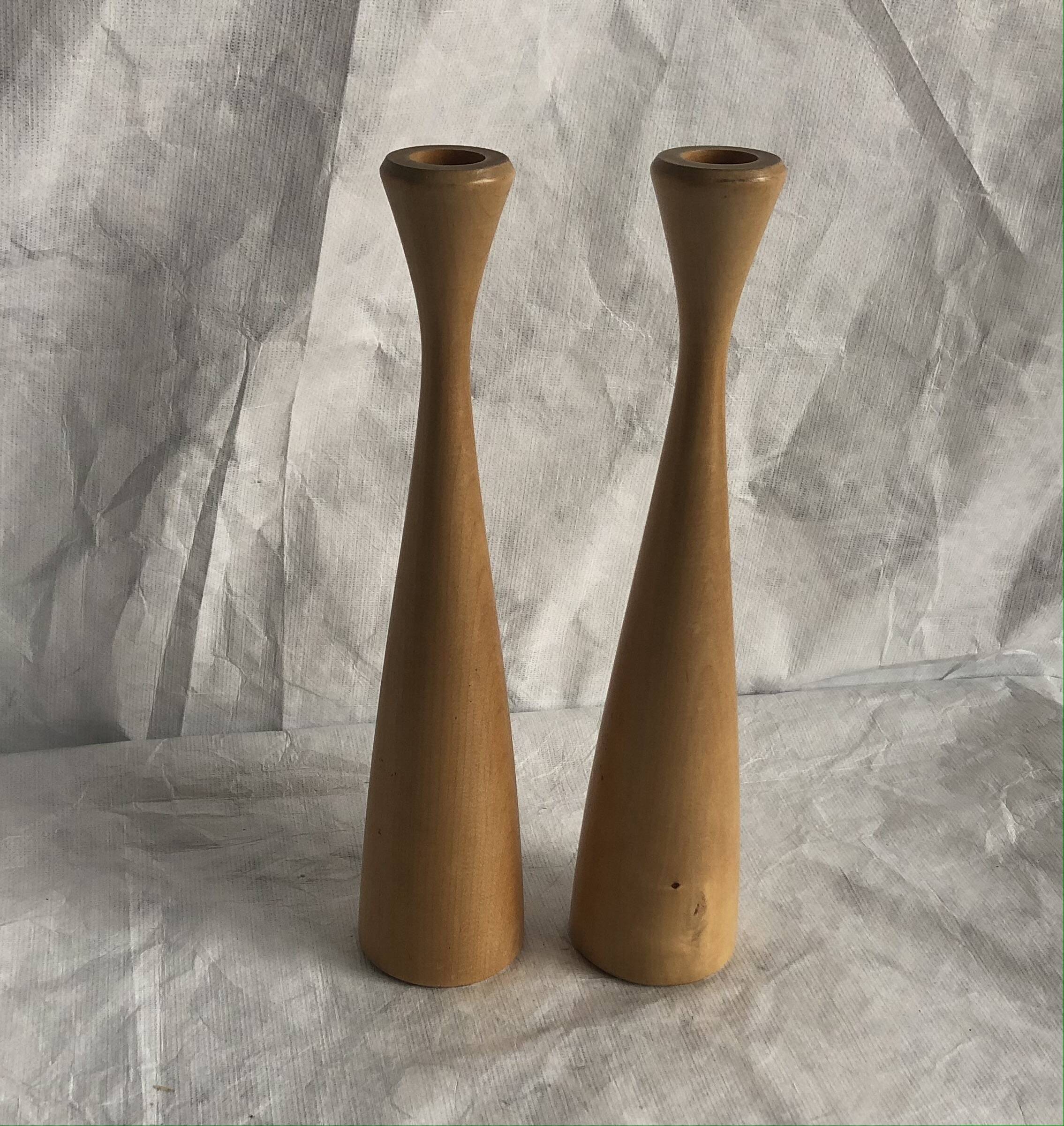 Pair of vintage birch wood candlesticks, Scandinavian design
