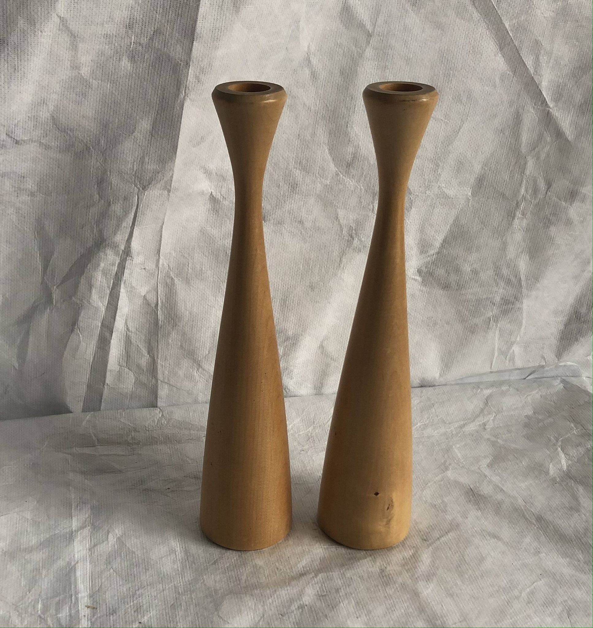 Pair of vintage birch wood candlesticks, Scandinavian design